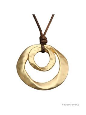 Faux Leather Round Wooden Pendant Long Choker 2 Circles Gold Necklace Boho